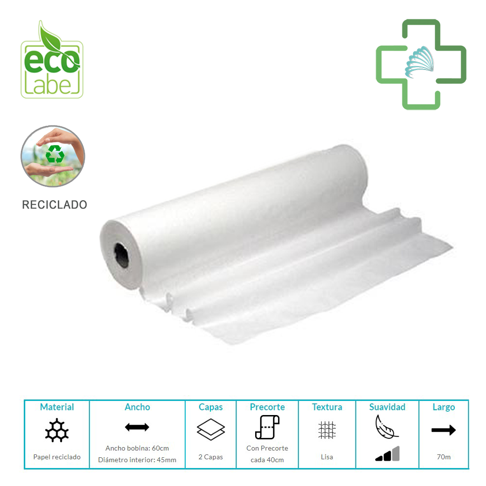 Papel para Camilla Tisú Reciclado 2 Capas 70m Ancho 60cm (venta a granel por unidad)