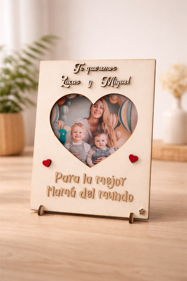 Placa de madera con foto en corazón