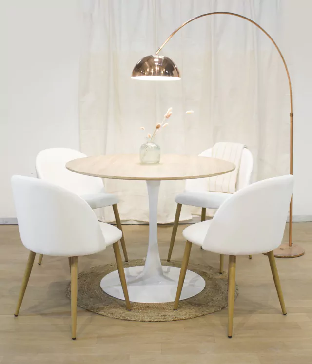 Mesa Tulip redonda tapa de madera natural y pata blanca metálica - Imagen 3